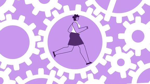 紫色风格的女人扁平角色运行和旋转齿轮系统孤立的循环动画