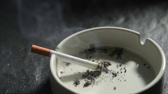 手把点燃的香烟放在烟灰缸上的画面