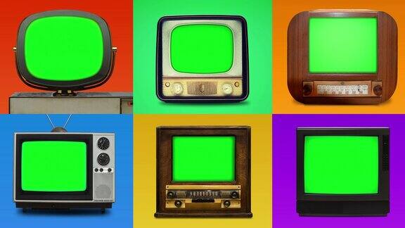 网格阵容的6个老式电视与色度键屏幕