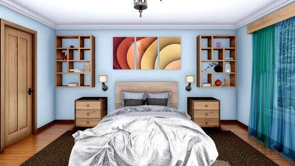 舒适的现代卧室室内3D动画