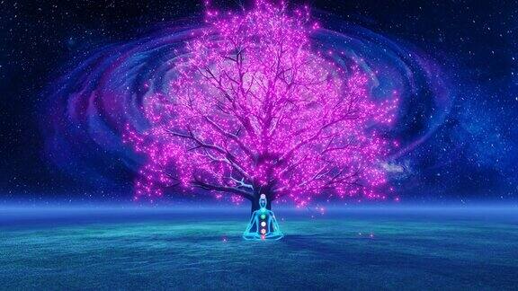 瑜伽行者与脉轮坐在下面发光的粉红色树旋转星系的背景