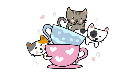 可爱的猫在茶杯卡通涂鸦风格
