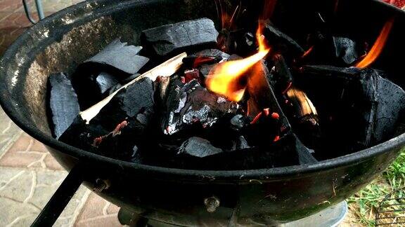 在金属烤架上燃烧木柴火盆里燃烧着木柴