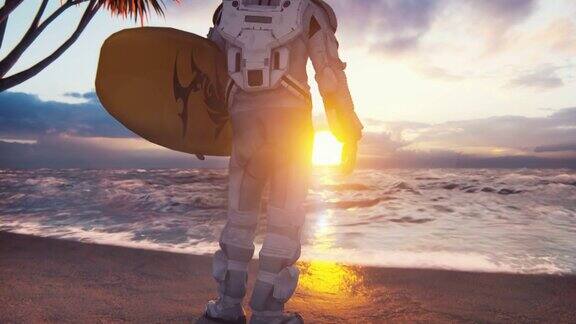 一名宇航员拿着冲浪板站在海岸上欣赏外星的日出动画是为幻想未来或太空旅行的背景