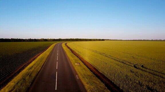 空中射击在夏天的傍晚飞过黄色和绿色田野之间的空旷的乡村道路