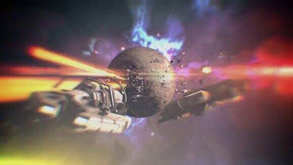 宇宙中的战列舰宇宙飞船攻击空间站宇宙飞船爆炸并下落太空之战太空火箭在外太空的死亡星球附近战斗电影游戏