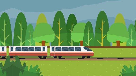 火车在绿色的森林附近快速行驶