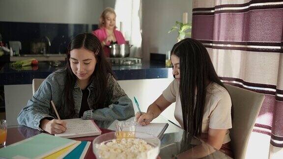 拉丁姐妹在家里一起学习的画像