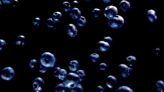 蓝莓在黑色背景上的慢镜头