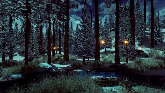 黄昏时分神秘的冬日森林里有神奇的仙女灯