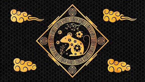 金色春节背景与金色和黑色老鼠3D渲染循环4k魔幻新年快乐动画