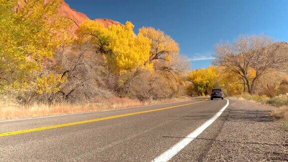 黑色越野车驾驶过去黄色转弯的树叶树在阳光红色岩石峡谷