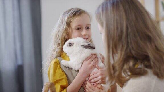 可爱的女孩抱着兔子