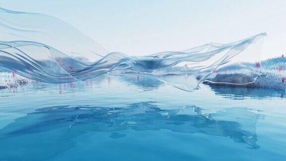 波纹湖与透明流动布三维渲染