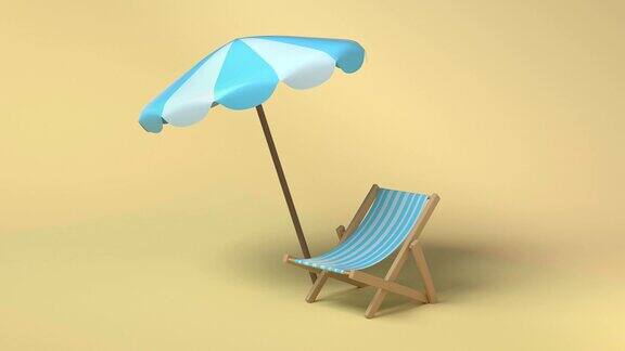 蓝色白色伞海滩和椅子3d渲染抽象的自然海滩海洋旅游度假概念