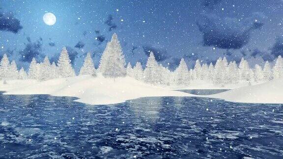 冬夜白雪覆盖的冷杉和结冰的湖水