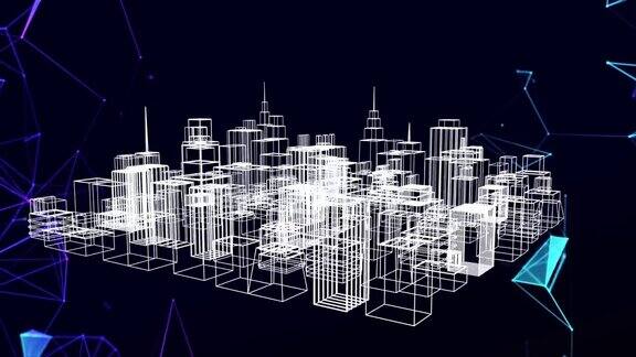 在蓝色背景下旋转的3D城市模型的网络连接