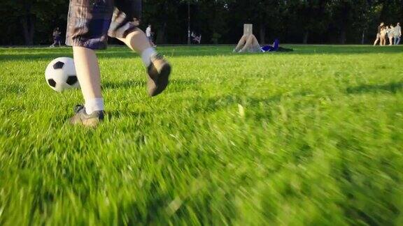 带着球的孩子跑过绿色的草地