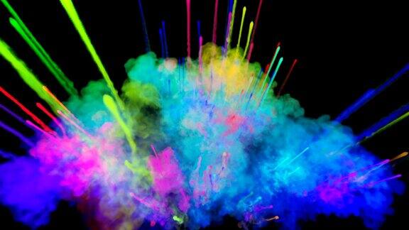 爆炸的火药孤立在黑色背景3d动画的粒子作为彩色的背景或覆盖效果迸发出彩虹般的色彩粉饼呈现出明亮如胡里节29
