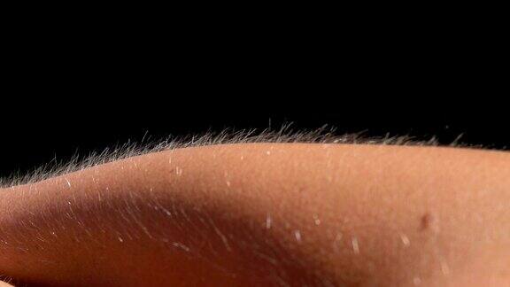 近距离微距景深:皮肤起鸡皮疙瘩的细节女性手臂上的毛发上升