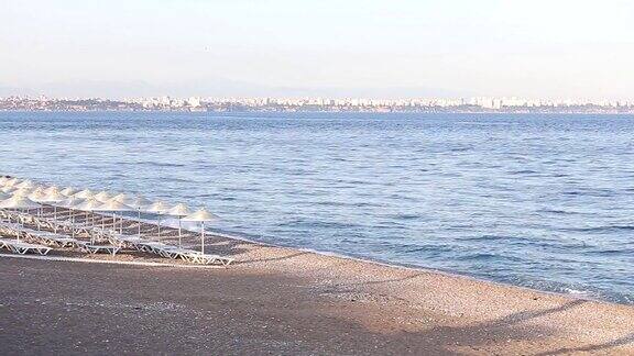 土耳其的海滩上有许多干草伞