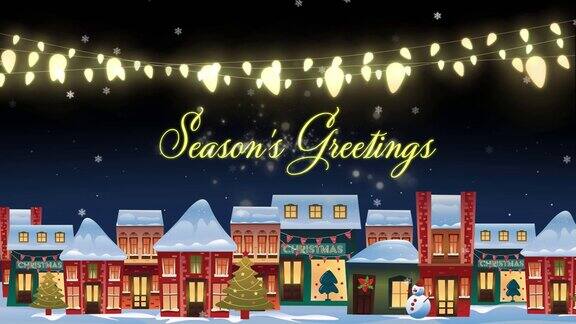 动画季节的问候文字飘落的雪花童话的灯光和城市的风景在圣诞节