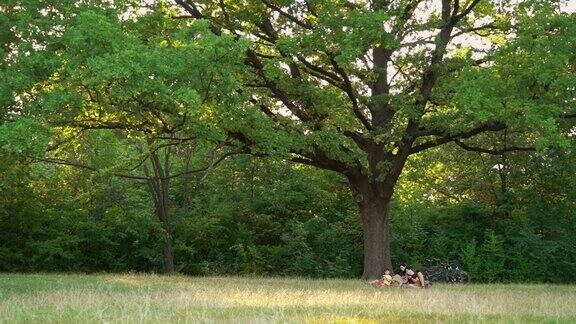 一家人骑完自行车后在橡树下野餐