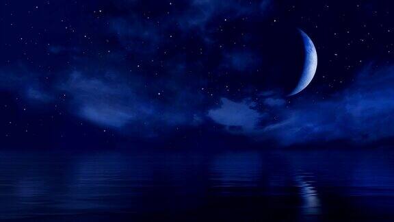 在平静的海面上星夜的夜空中奇妙的大半月形月亮