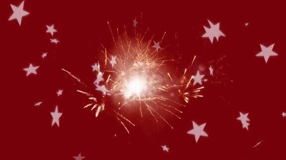 金色的新年动画文字以白色的星星和红色的烟花为背景