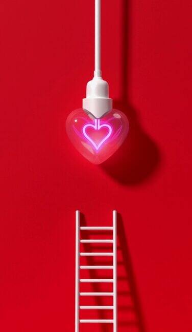 情人节的心形灯泡在红色墙壁上Ledder在4K分辨率垂直视频