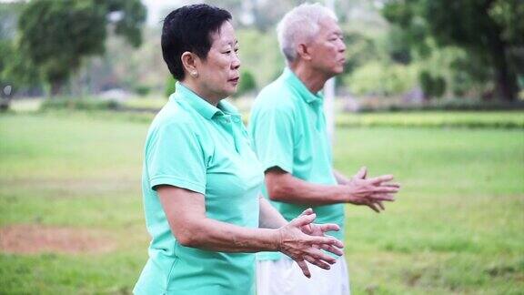 亚洲老夫妇在户外练习太极、气功的视频