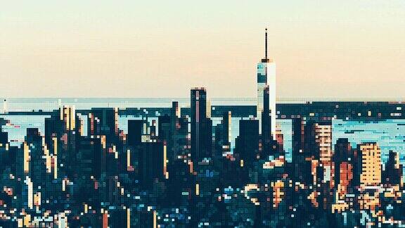 像素艺术大都市曼哈顿市中心鸟瞰图