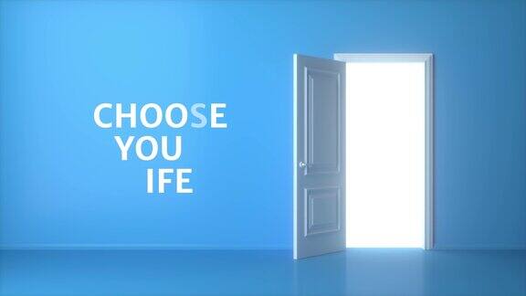 选择你的生活打开蓝色背景的白色门光线从开门处照进来向前飞从门口进去隐喻的机会抽象的隐喻3d动画介绍4K