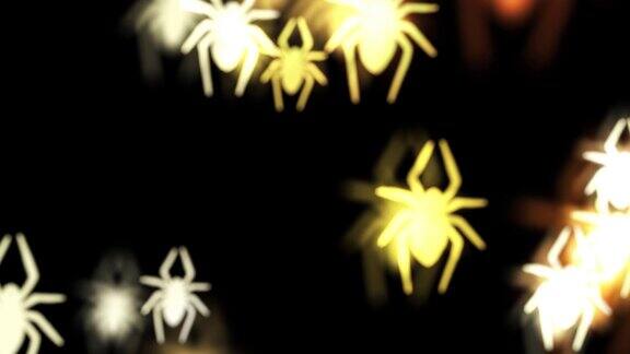 可怕的万圣节黄色蜘蛛落在黑色背景的动画