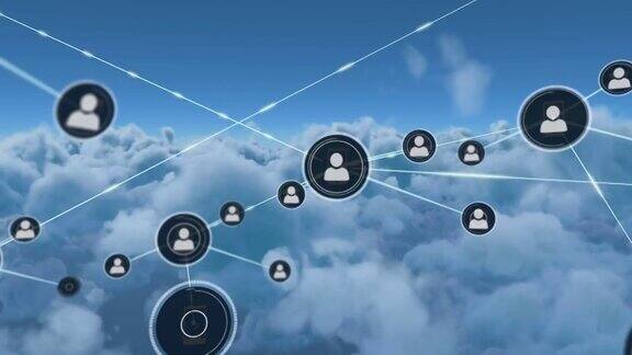 动画网络连接与人的图标在云和蓝色的背景