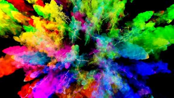 爆炸的火药孤立在黑色背景3d动画的粒子作为彩色的背景或覆盖效果迸发出彩虹般的色彩粉饼呈现出明亮如胡里节23