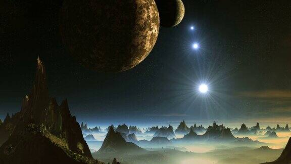 外星球上空的两个月亮和流星