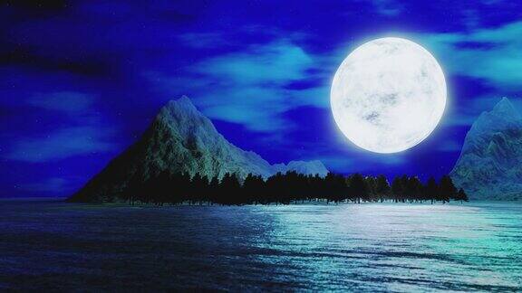 月圆之夜明亮的星星布满天空夜山景与萤火虫