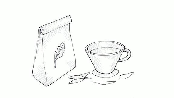 手画的杯茶与茶袋视频剪辑