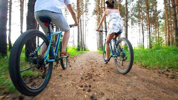 年轻夫妇骑车穿过夏季森林的后视图