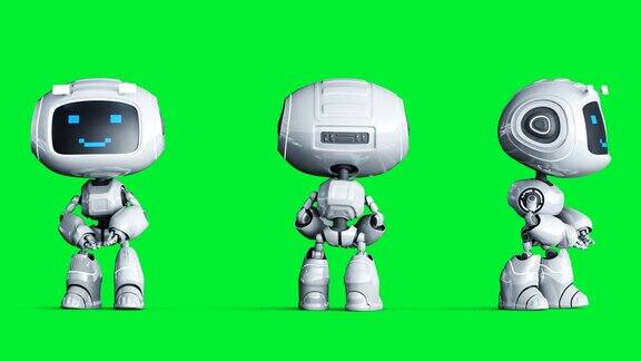 白色微笑的玩具机器人动画身体运动模糊逼真的绿色屏幕4k动画绿屏