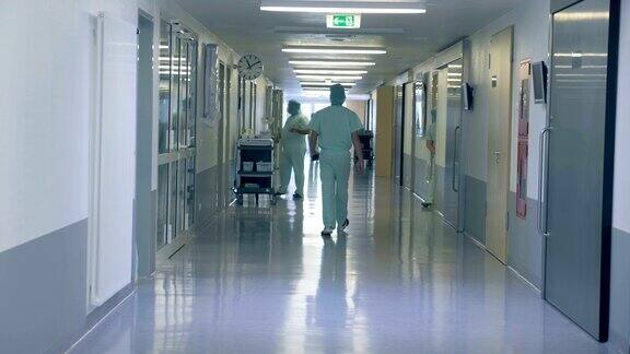 一位男医生走在医院走廊上的背影