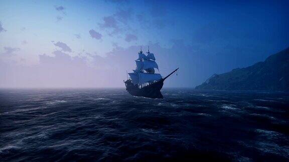 一艘中世纪的大船在迷雾中漂向一座荒无人烟的石岛