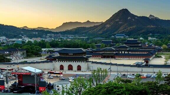 韩国首尔京福宫和青瓦台从早到晚的空中延时拍摄