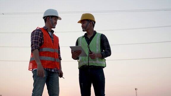 日落时分两名亚洲工程师在高压电线塔上用平板电脑检查团队合作、领导力