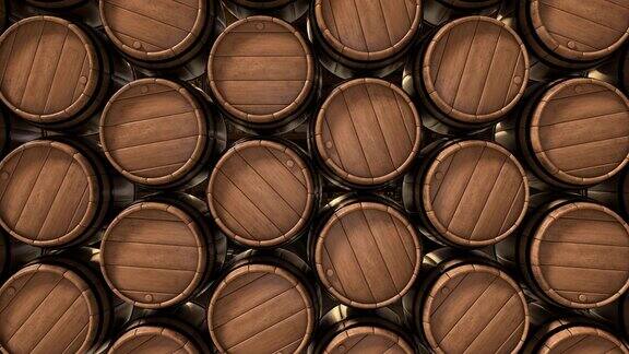 黑暗的地下室里装着葡萄酒、威士忌和酒精啤酒的旧木桶