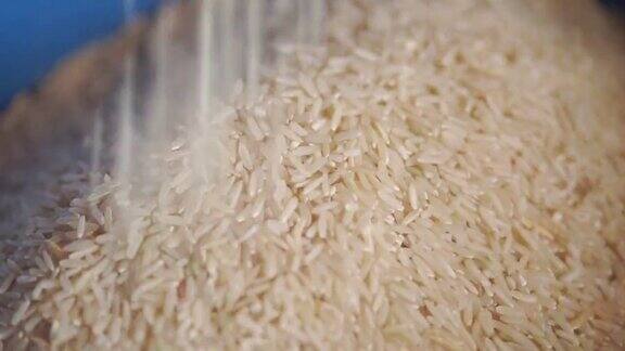 碾碎的米从碾米机里出来放进桶里