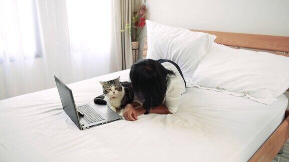 可爱的虎斑猫在白色的床上用笔记本电脑亲吻主人