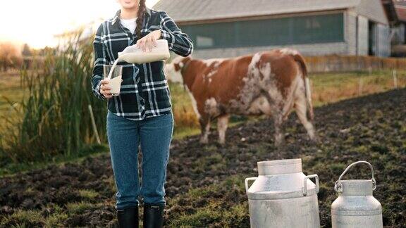 牧场上往玻璃杯里倒牛奶的年轻女子