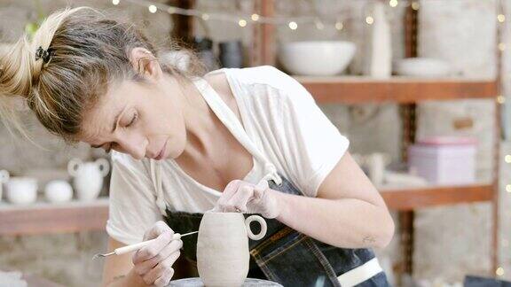 艺术家在作坊用工具雕刻陶土花瓶